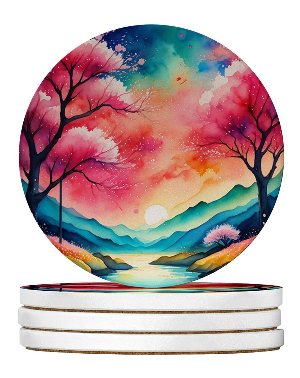 Colorful Cherry Blossoms Large Sandstone Coasters Pack Of 4 Absorbent Round Coasters Decor Gifts For Men Or Women, 4 In, Multicolor_maomaolike.com