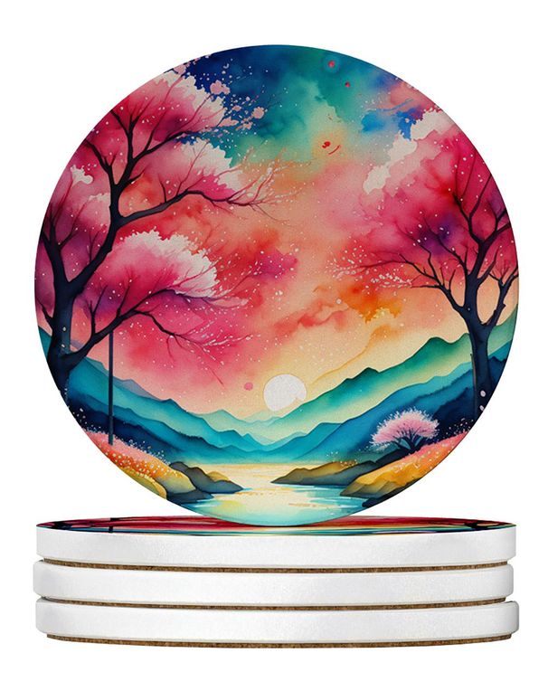 Colorful Cherry Blossoms Large Sandstone Coasters Pack Of 4 Absorbent Round Coasters Decor Gifts For Men Or Women, 4 In, Multicolor_maomaolike.com