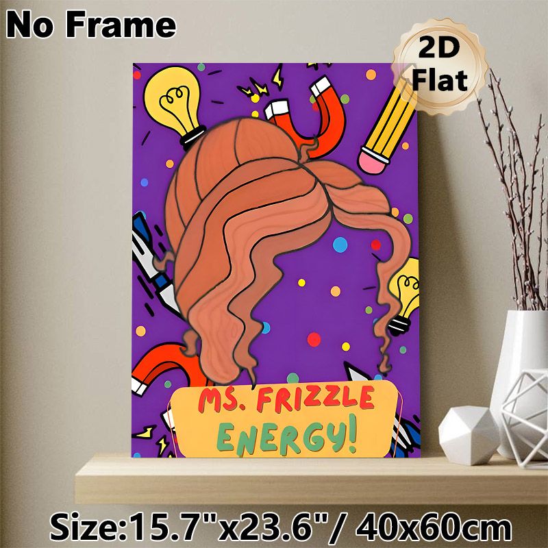 Ms. Frizzle Energy Themed Painting Poster, Vibrant Cartoon-style Educational Art Poster, Lively Design With Stationery & Science Motifs, Suitable For_maomaolike.com