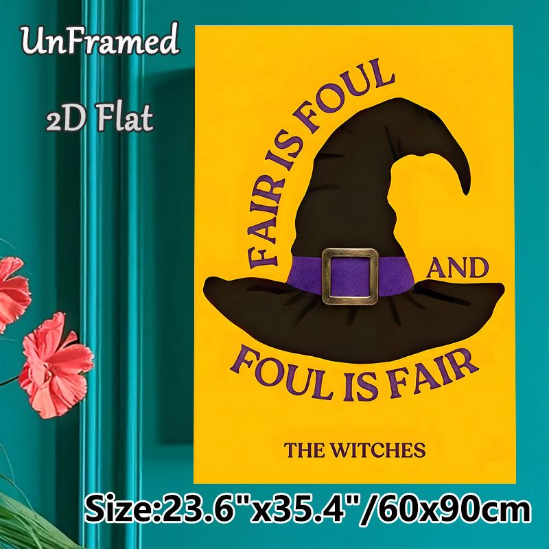 Witch Hat Themed Painting Poster, Vintage Black Witch Hat With Purple Belt & Typography Poster, Eye-catching Halloween-inspired Decor For Home Walls_maomaolike.com