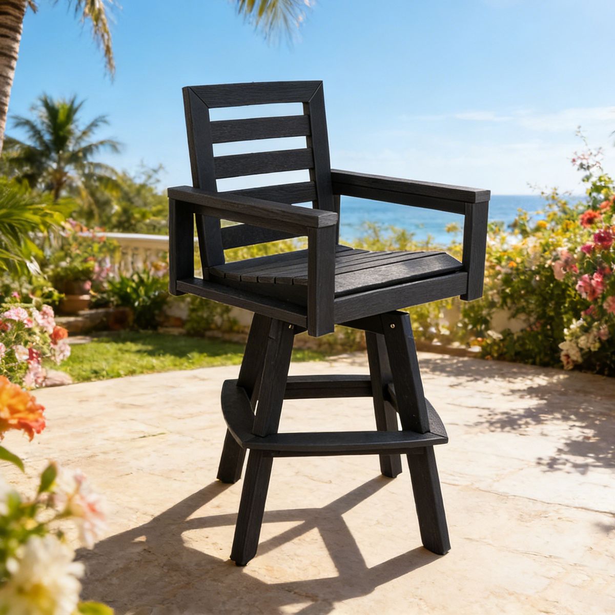 Outdoor Swivel Bar Stools, Carbon HDPE High-Density Polyethylene Patio Bar Chair With 360 Swivel & Ladderback, All-Weather Bar Height Stool For Deck, Porch, Poolside, Hot-Embossed Wood Grain_maomaolike.com