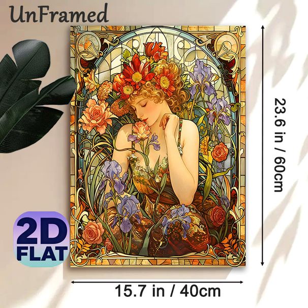 Art Nouveau Floral Maiden Painting Poster, Vibrant Stained-Glass Style Poster, Graceful Maiden Surrounded By Vivid Blooms, Elegant Decorative Artwork_maomaolike.com