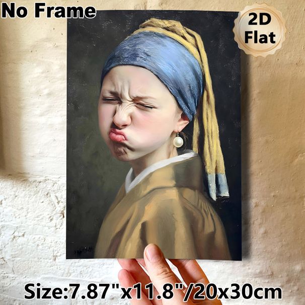 Parodied Girl With A Pearl Earring Painting Poster, Whimsical Oil-style Poster, Playful Distorted Facial Expression With Unique Artistic Twist, Ideal_maomaolike.com