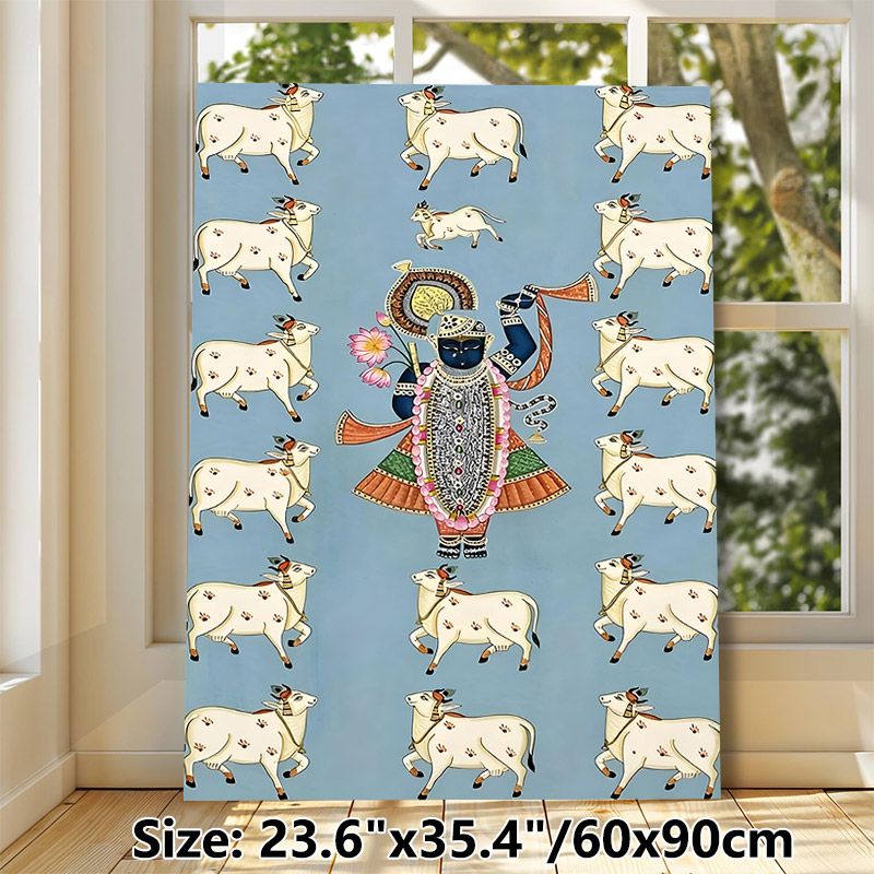 Shrinathji With Sacred Cows Painting Poster, Exquisite Traditional Indian Folk Art Poster, Cultural Decorative Piece Ideal For Home, Prayer Room_maomaolike.com