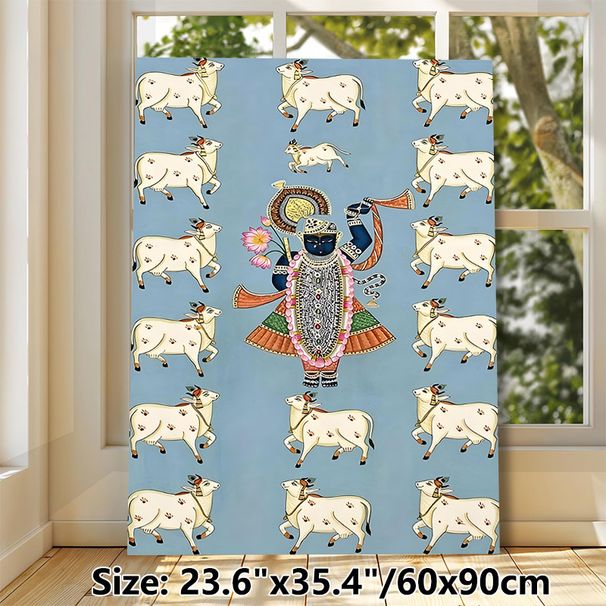 Shrinathji With Sacred Cows Painting Poster, Exquisite Traditional Indian Folk Art Poster, Cultural Decorative Piece Ideal For Home, Prayer Room_maomaolike.com