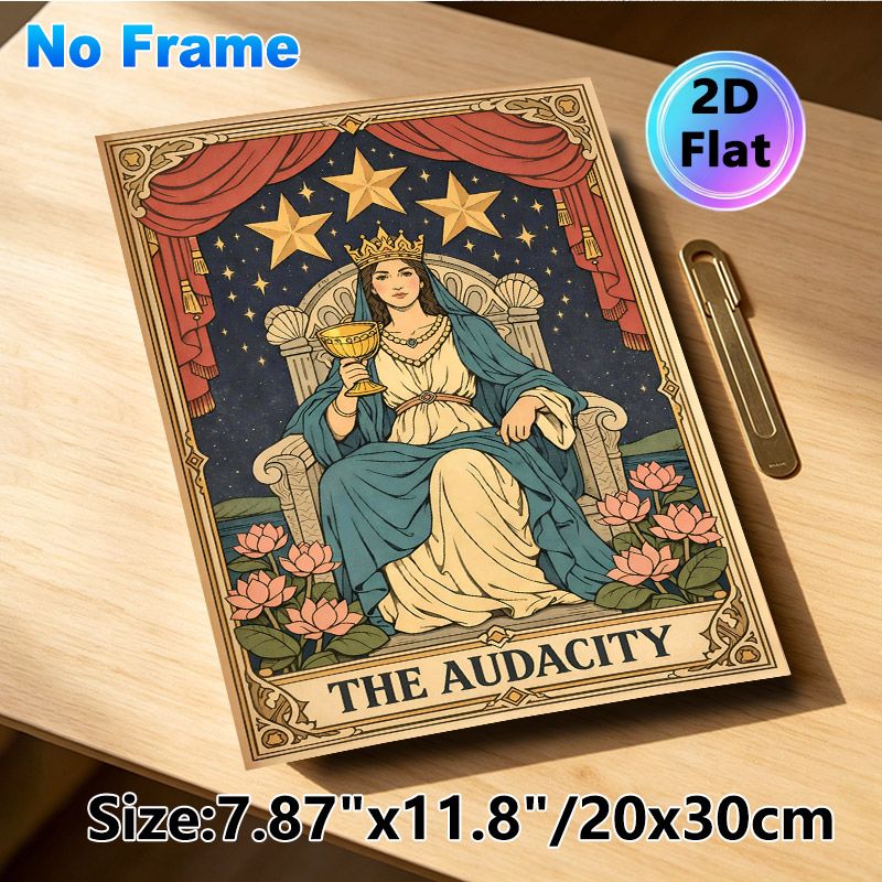 Tarot-style Queen Painting Poster, Vintage Tarot-inspired Poster, Elegant Design With Crowned Queen, Chalice, Lotus Flowers & Starry Backdrop, Ideal_maomaolike.com