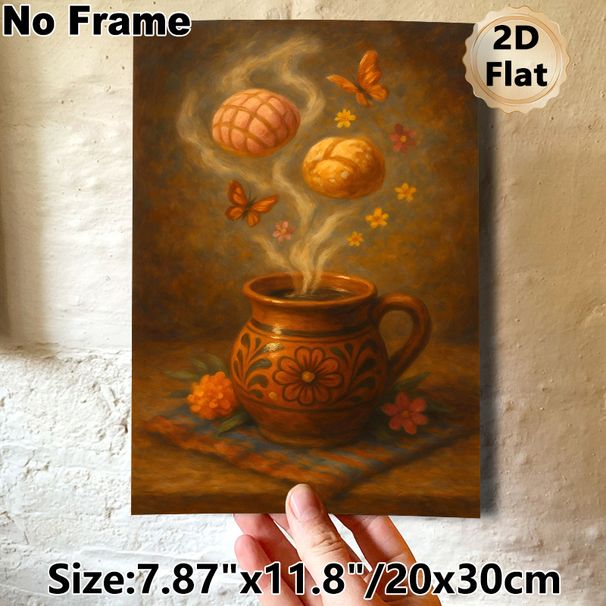 Mexican Hot Cup & Pan Dulce Painting Poster, Warm-toned Vintage Artistic Poster, Whimsical Scene With Butterflies And Flowers, Cozy Nostalgic Decor_maomaolike.com