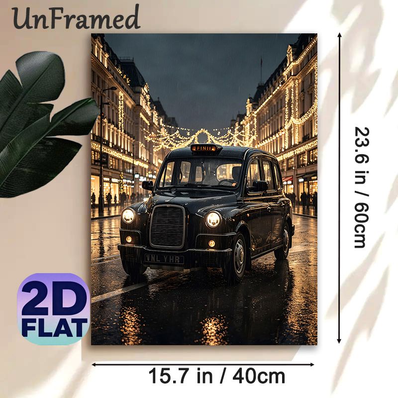 Vintage Black Taxi Painting Poster, Moody Rainy Urban Night Scene Poster, Warm Festive Lighting Design Ideal For Living Room, Office Wall Decor_maomaolike.com
