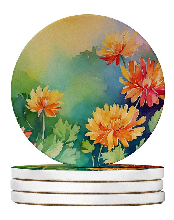 Chrysanthemums In Watercolor Large Sandstone Coasters Pack Of 4 Absorbent Round Coasters Decor Gifts For Men Or Women, 4 In, Multicolor_maomaolike.com
