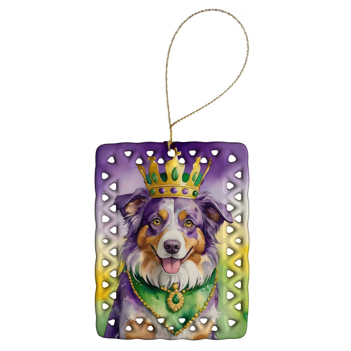 Australian Shepherd King Of Mardi Gras Porcelain Ornament Christmas Tree Hanging Decorations For Home Christmas Holiday, Rectangle, Gift, Multicolor_maomaolike.com