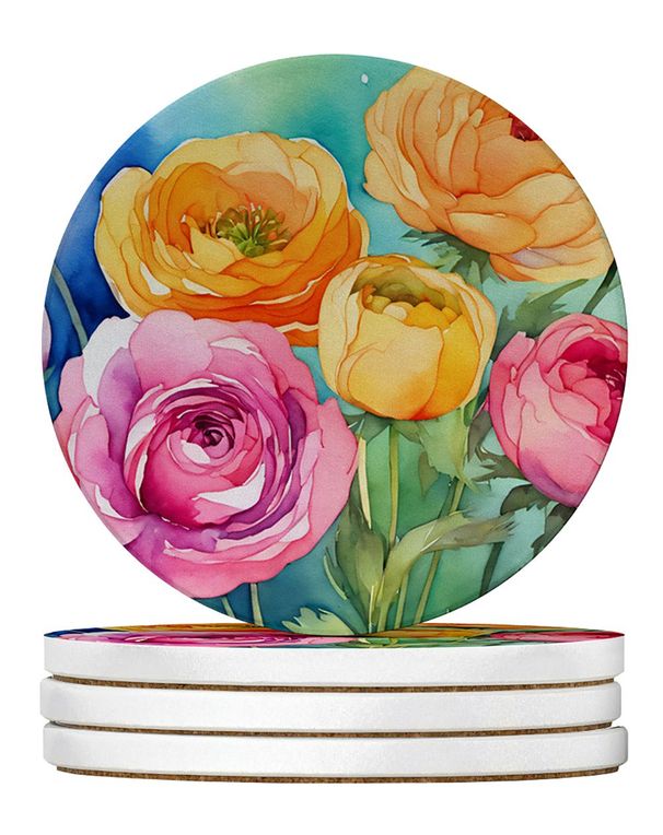 Ranunculus In Watercolor Large Sandstone Coasters Pack Of 4 Absorbent Round Coasters Decor Gifts For Men Or Women, 4 In, Multicolor_maomaolike.com