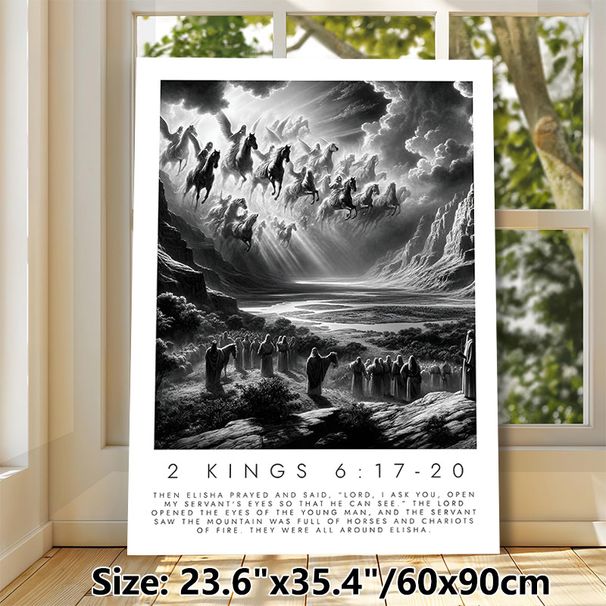 Biblical 2 Kings 6:17-20 Painting Poster, Dramatic Monochrome Religious Scene Poster, Inspirational Artwork Featuring Angelic Horses And Chariots_maomaolike.com