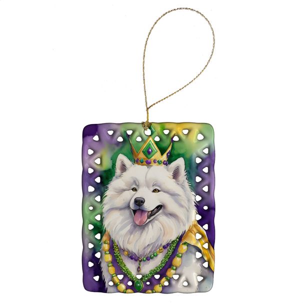 Samoyed King Of Mardi Gras Porcelain Ornament Christmas Tree Hanging Decorations For Home Christmas Holiday, Rectangle, Gift, Multicolor_maomaolike.com
