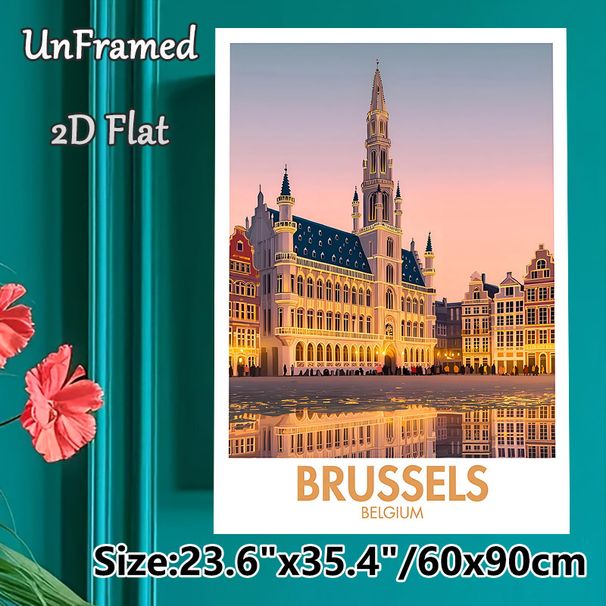 Brussels Cityscape Painting Poster, Warm-toned Retro Travel-style Poster, Beautiful Historic Square Sunset Scene With Water Reflection, Suitable For_maomaolike.com