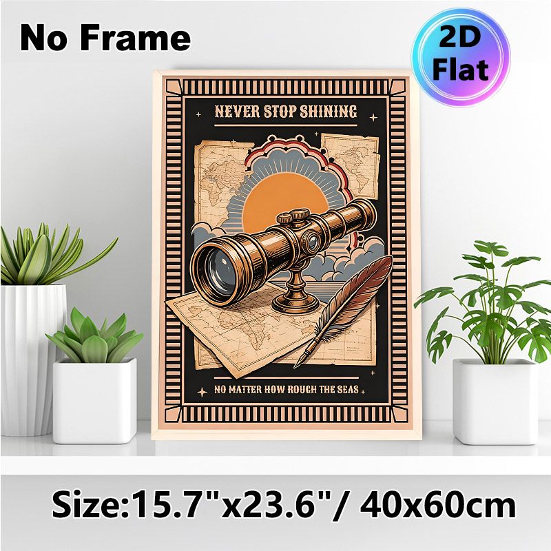 Vintage Nautical Adventure Painting Poster, Warm-toned Retro Illustrated Poster, Inspirational Motivational Design With Telescope & Old Maps, Ideal_maomaolike.com