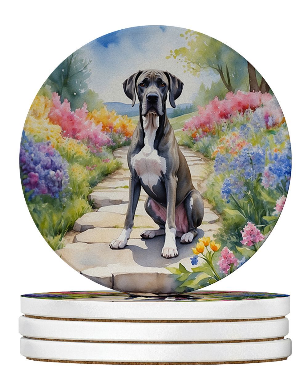 Great Dane Spring Path Large Sandstone Coasters Pack Of 4 Absorbent Round Coasters Decor Gifts For Men Or Women, 4 In, Multicolor_maomaolike.com