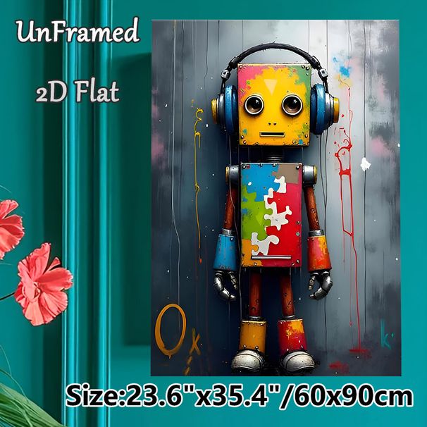 Robot With Headphones Painting Poster, Vibrant Graffiti-style Poster, Colorful Worn Robot With Puzzle-pattern Torso, Unique Artistic Wall Decor For_maomaolike.com