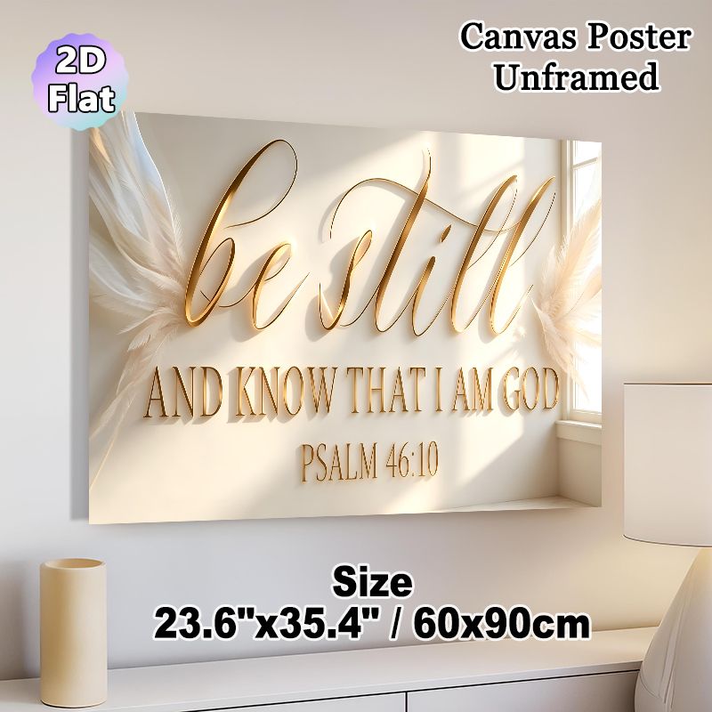Psalm 46:10 "Be Still" Religious Verse Painting Poster, Elegant Gold Script With Soft Feather Accents Poster, Inspirational Faith-based Decor Suitable_maomaolike.com