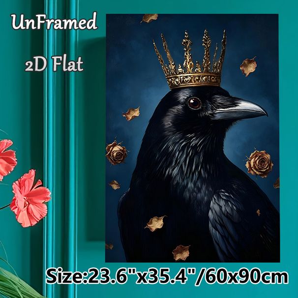 Crown Raven Painting Poster, Mysterious Realistic Dark Art Poster, Glossy Black Raven With Ornate Golden Crown, Dried Roses & Leaves, Elegant Gothic_maomaolike.com