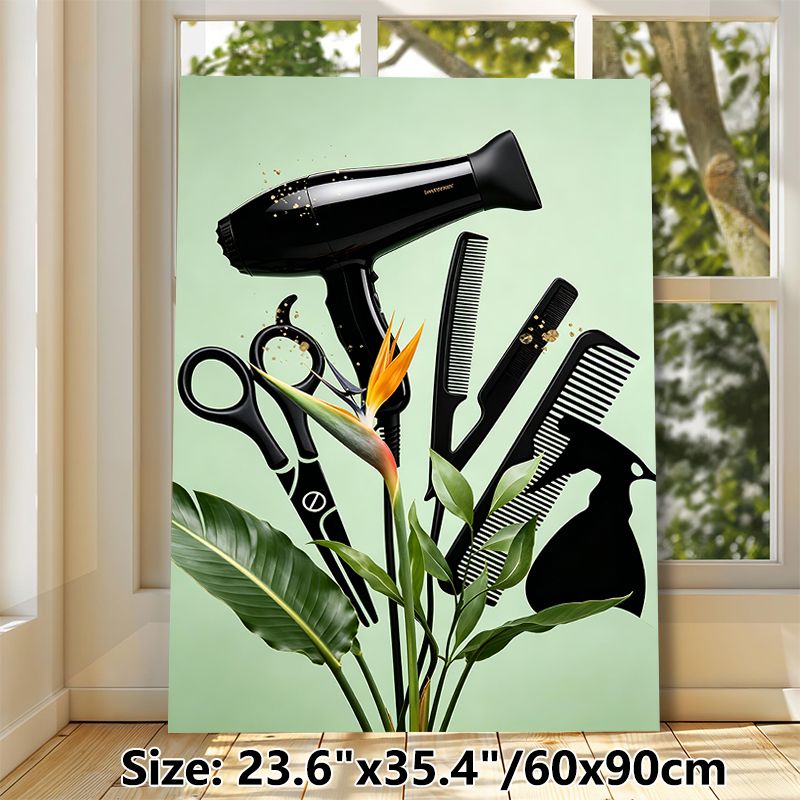 Hairdressing Tools & Bird Of Paradise Themed Painting Poster, Sleek Black Salon Supplies With Tropical Floral Poster, Stylish Artistic Decor Ideal For_maomaolike.com
