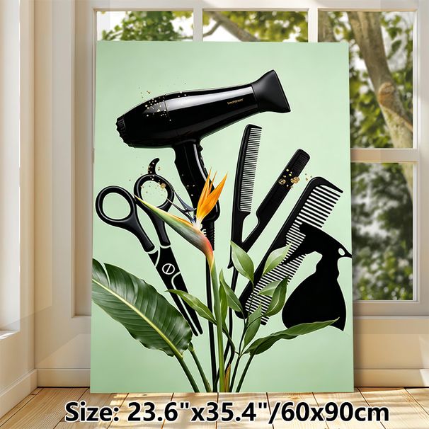 Hairdressing Tools & Bird Of Paradise Themed Painting Poster, Sleek Black Salon Supplies With Tropical Floral Poster, Stylish Artistic Decor Ideal For_maomaolike.com