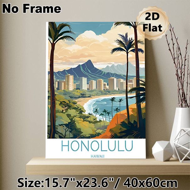 Honolulu Hawaii Coastal City Painting Poster, Vibrant Stylized Tropical Coastal Cityscape Poster, Infuses Calm Tropical Ambiance, Suitable For Home_maomaolike.com