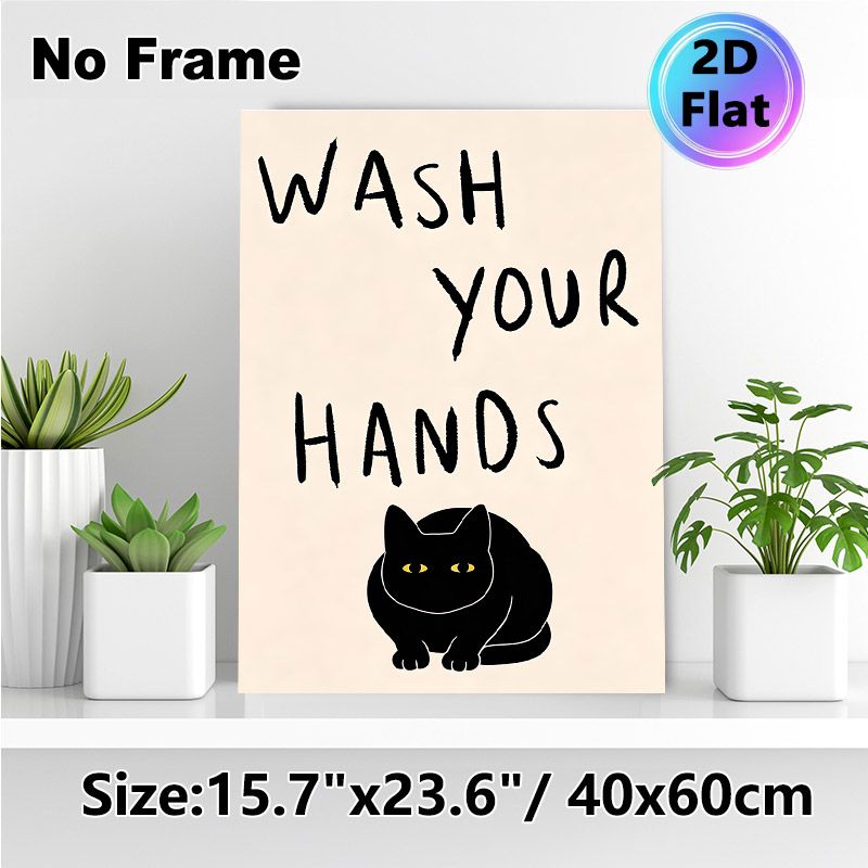 Black Cat & Wash Your Hands Themed Painting Poster, Minimalist Cute Black Cat & Text Art Poster, Gentle Hygiene Reminder Ideal For Bathroom, Restroom_maomaolike.com
