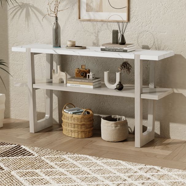 Retro Elegant Console Table With Marble-Effect Top And Versatile Storage Solutions For Entryway And Living Room_maomaolike.com