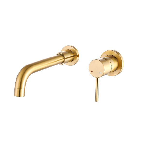 Wall Mount Faucet For Bathroom Sink Or Bathtub, Single Handle 2 Holes Brass Rough-in Valve Included, Brushed Gold_maomaolike.com
