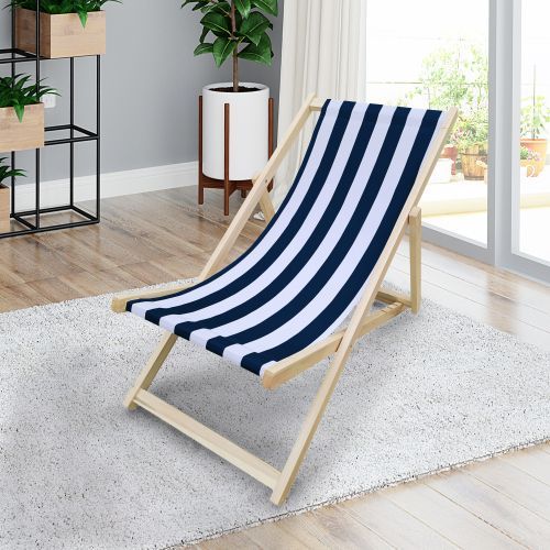 Populus Wood Folding Sling Chair With Dark Blue Stripe - Adjustable Chaise Lounge Chair_maomaolike.com