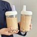 Large Capacity Pearl Milk Tea Glass Cup With Straw, Simple Design Plastic Water Bottle, Casual Style Drinkware For Daily_maomaolike.com