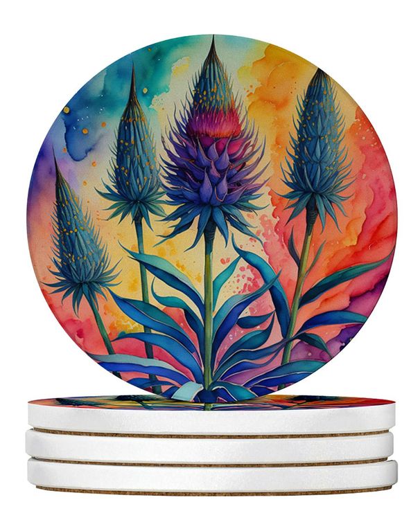 Colorful Eryngium Large Sandstone Coasters Pack Of 4 Absorbent Round Coasters Decor Gifts For Men Or Women, 4 In, Multicolor_maomaolike.com