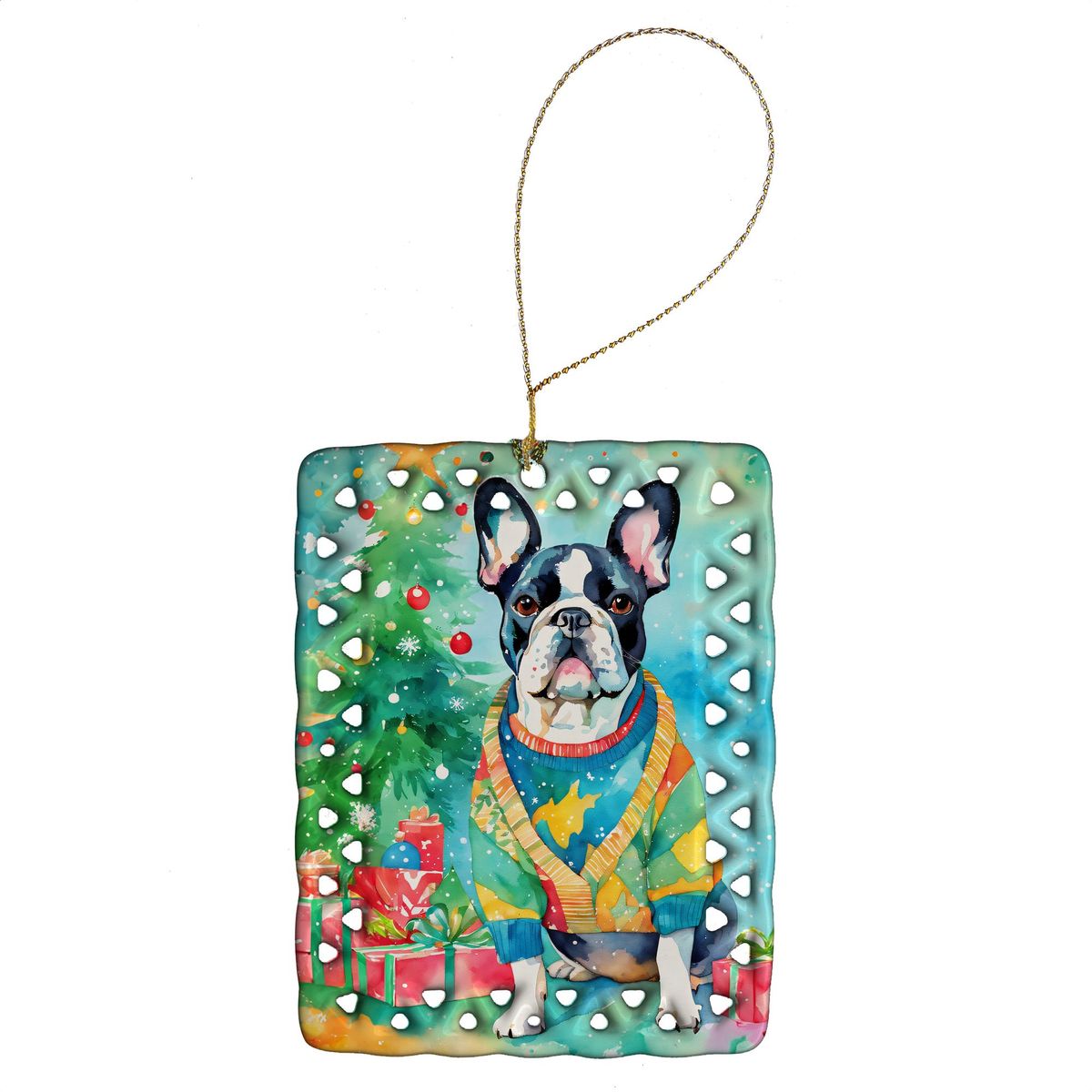 French Bulldog Christmas Porcelain Ornament Christmas Tree Hanging Decorations For Home Christmas Holiday, Rectangle, Gift, Multicolor_maomaolike.com