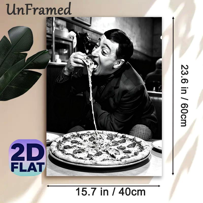 Vintage Pizza-eating Man Painting Poster, Monochrome Nostalgic Diner Scene Poster, Eye-catching Food-themed Decor For Restaurant, Kitchen And Dining_maomaolike.com