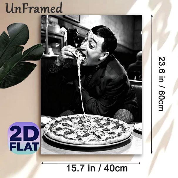 Vintage Pizza-eating Man Painting Poster, Monochrome Nostalgic Diner Scene Poster, Eye-catching Food-themed Decor For Restaurant, Kitchen And Dining_maomaolike.com