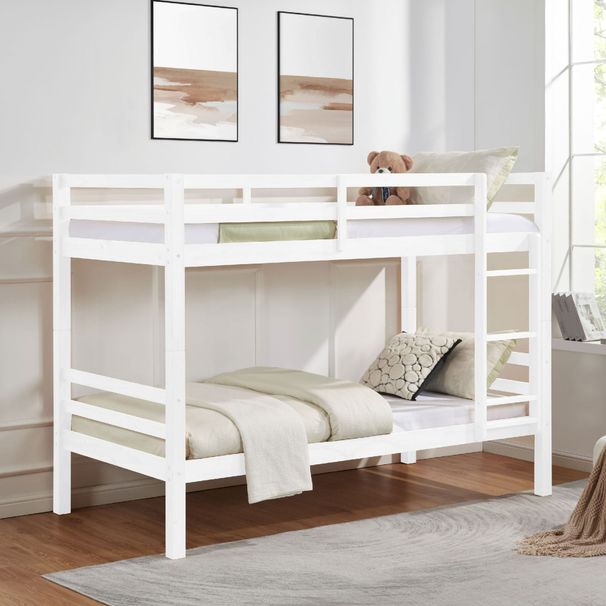 Twin Over Twin Bunk Bed With Thick Posts,Wooden Bunk Bed With High Guardrail And Ladder For Kids, Teens, Dorm Rooms, And Guest Rooms,No Box Spring Needed,White_maomaolike.com