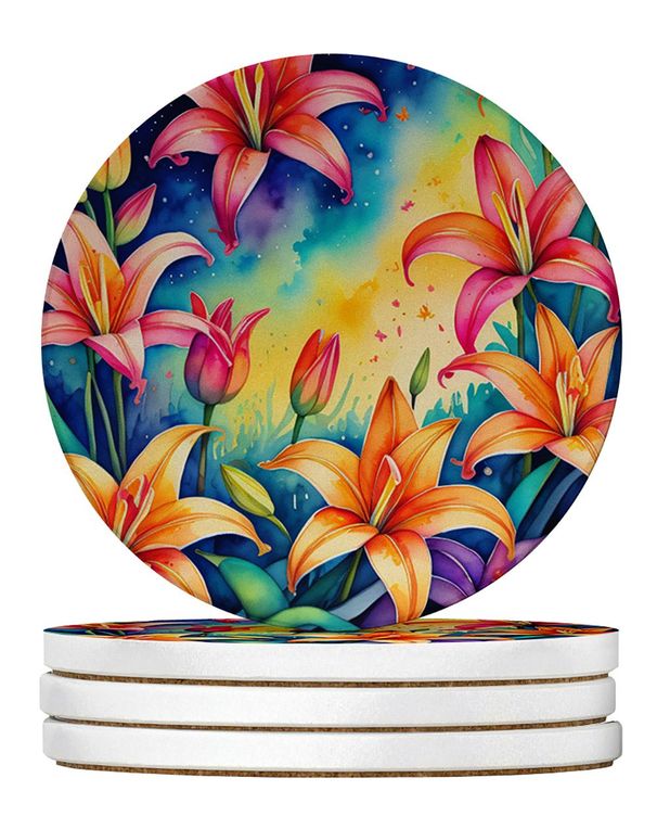 Colorful Lilies Large Sandstone Coasters Pack Of 4 Absorbent Round Coasters Decor Gifts For Men Or Women, 4 In, Multicolor_maomaolike.com