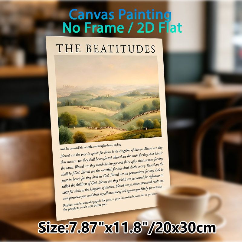 The Beatitudes Painting Poster, Warm-toned Pastoral Landscape With Sacred Scripture Poster, Inspirational Religious Decor Suitable For Home, Church_maomaolike.com