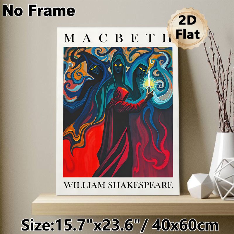 Macbeth Themed Painting Poster, Vibrant Surreal Style Poster, Captivating Literary Artwork Featuring Three Hooded Figures & Cloaked Figure With_maomaolike.com