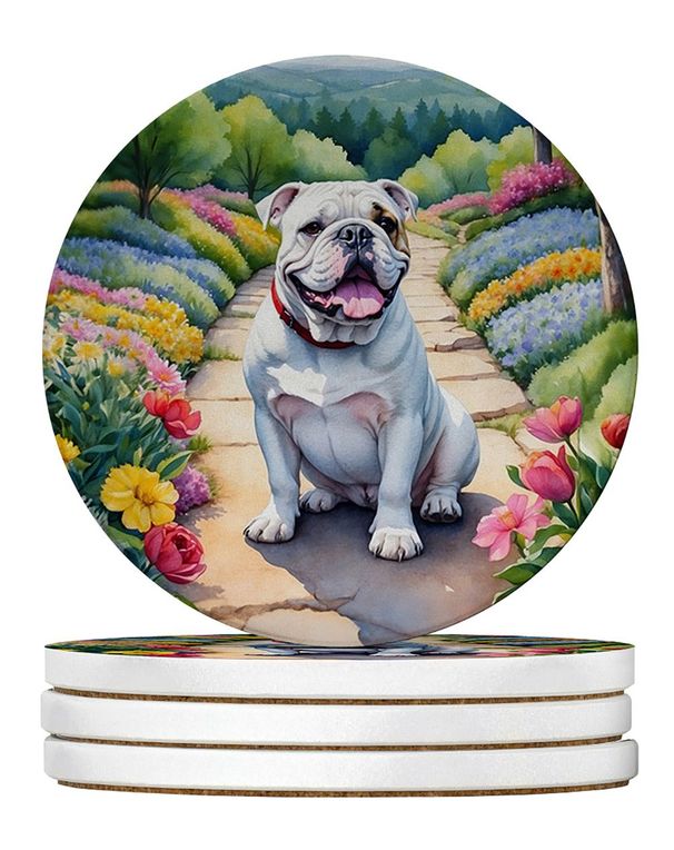 English Bulldog Spring Path Large Sandstone Coasters Pack Of 4 Absorbent Round Coasters Decor Gifts For Men Or Women, 4 In, Multicolor_maomaolike.com