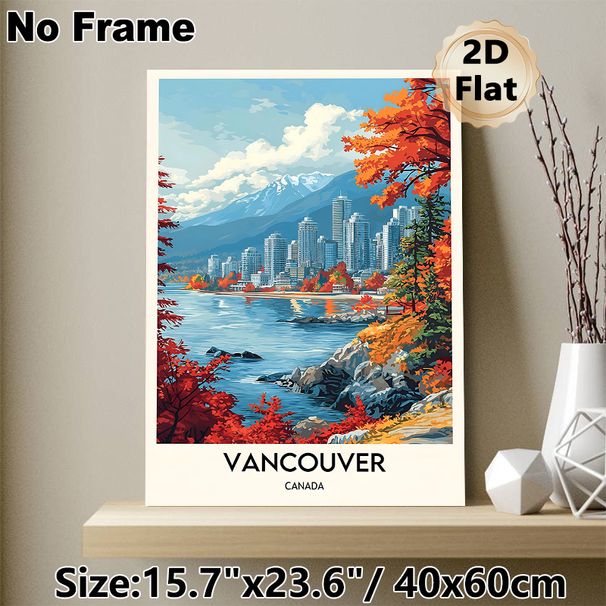 Vancouver Canada Cityscape Painting Poster, Vibrant Retro Travel Style Poster, Scenic Coastal Urban Scene With Fall Foliage & Snow-capped Mountains_maomaolike.com