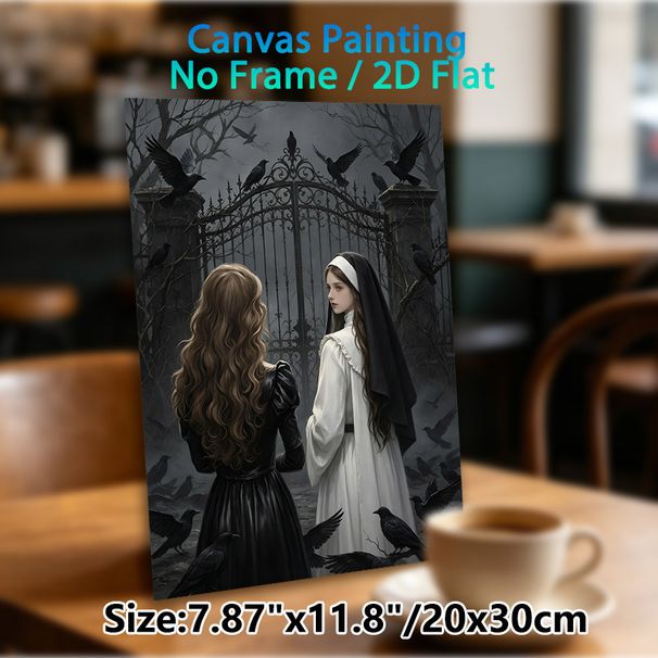 Gothic Dark Fantasy Painting Poster, Mysterious Moody Gothic-style Poster, Featuring Two Women With Crows By Ornate Iron Gate, Atmospheric Dark Decor_maomaolike.com
