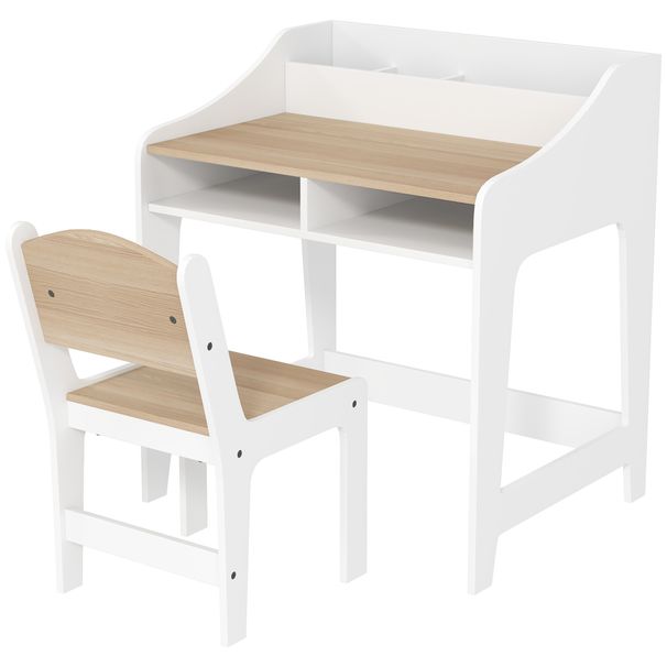 Kids Desk And Chair Set With Storage And Shelves, For Bedroom & Study Room, Gift For 3-8 Years Old, Natural Wood_maomaolike.com