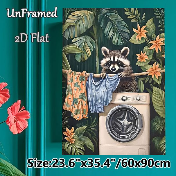 Tropical Raccoon Laundry Painting Poster, Whimsical Vivid Jungle Scene Poster, Charming Playful Decor Ideal For Laundry Room, Cozy Living Area_maomaolike.com
