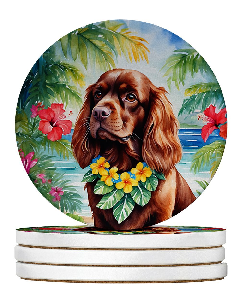 Sussex Spaniel Luau Large Sandstone Coasters Pack Of 4 Absorbent Round Coasters Decor Gifts For Men Or Women, 4 In, Multicolor_maomaolike.com