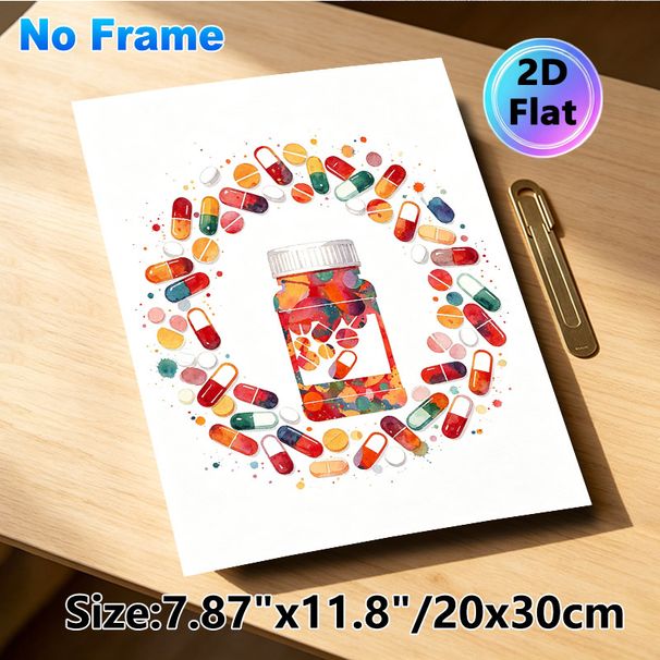 Pharmacy & Pill Themed Painting Poster, Vibrant Watercolor Style Poster, Artistic Colorful Pills And Medicine Bottle Design, Ideal Wall Decor For_maomaolike.com