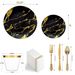 175-Piece Elegant Marble-Look Plastic Dinnerware Set With Gold Trim - Includes Black/White Plates, 10/12 Cutlery, 9oz_maomaolike.com