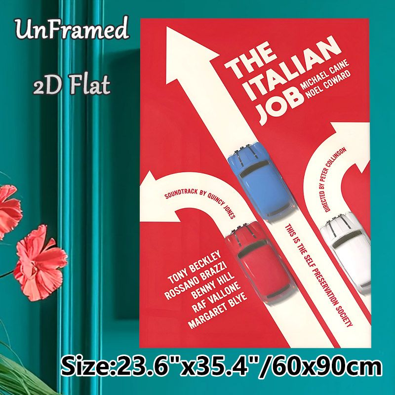 The Italian Job Movie Themed Painting Poster, Bold Retro Graphic Poster, Vintage Movie Art With Red, White & Blue Mini Cars On Arrow Paths, Ideal For_maomaolike.com