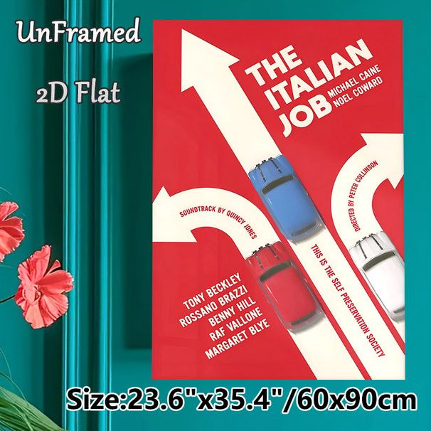 The Italian Job Movie Themed Painting Poster, Bold Retro Graphic Poster, Vintage Movie Art With Red, White & Blue Mini Cars On Arrow Paths, Ideal For_maomaolike.com