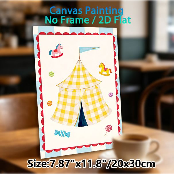 Circus Tent Themed Painting Poster, Bright Cartoon Circus Tent With Rocking Horses & Candies Poster, Playful Whimsical Decor Ideal For Home Lounge And_maomaolike.com